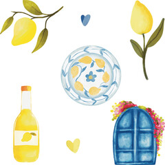 Mediterranean Lemons and Decor, Mediterranean Watercolor Set &ndash; Lemons, Flowers, Bottle, and Blue Window