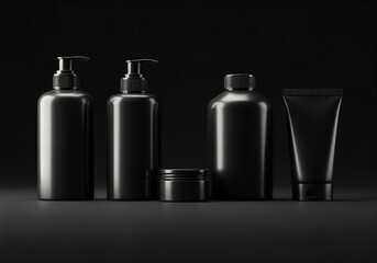 set of dark cosmetic containers with empty branding areas