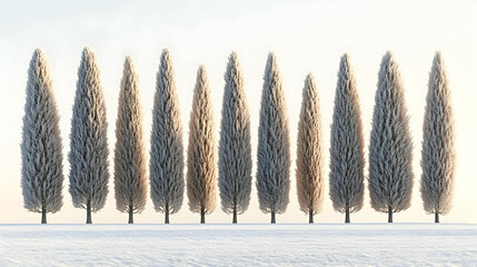 Row of frosted cypress trees on snowy landscape