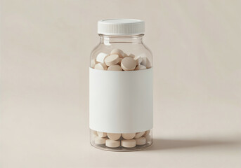 transparent plastic pill bottle with light pills, with blank label placeholder