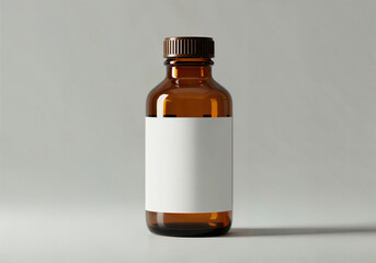 empty amber glass medicine bottle with blank paper label, pharmacy