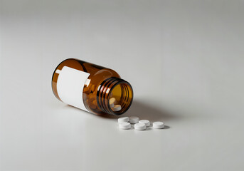 Amber glass medicine bottle with pills with blank paper label, pharmacy