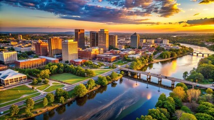 Panoramic aerial view of Richmond cityscape at sunset with riverfront and historic buildings, sunset over city, richmond city view