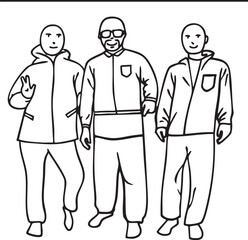 Three men stand together smiling and gesturing in a casual outdoor setting.