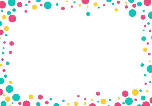 Colorful polka dot border frame on white background with copy space