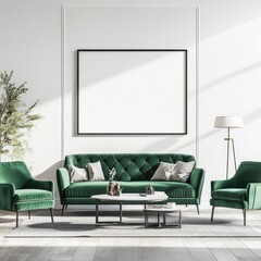 Modern, elegant living room with emerald green velvet furniture