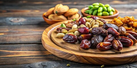 Healthy snack mixture on a wooden plate, dried dates, pistachios, dried dates