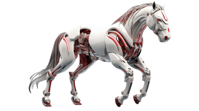 A futuristic white robotic horse with red accents standing against a black background in a studio shot