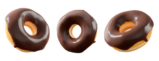 Donuts with chocolate glaze, sprinkles, white drizzle, and dots isolated on white transparent background. 3d rendering and illustration of dessert variety