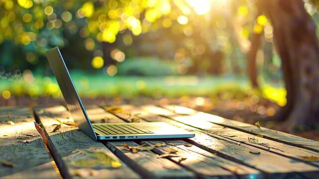 Laptop on rustic wooden bench or picnic table in sunny park with bokeh background of trees and golden leaves. Concept of nature-connected digital lifestyle