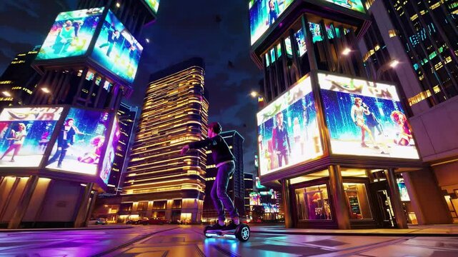 Man on hoverboard rides through neon city street between skyscrapers; hoverboard slides over glossy tiles, hoverboard lights flash blue. Smart-mobility concept