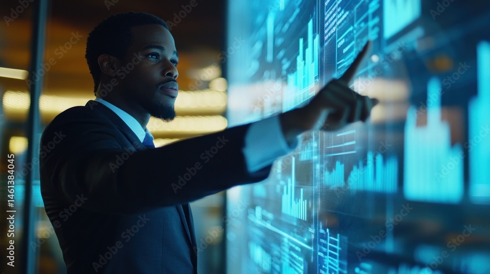 Poster african american businessman in suit interacts with digital data interface displaying charts and gra