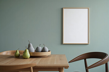 A dining room with a wooden table and chairs, a wooden tray with fruit, and a blank picture frame on the wall