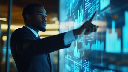 african american businessman in suit interacts with digital data interface displaying charts and graphs. concept of technology, business innovation and analytics. corporate brochure, tech presentation