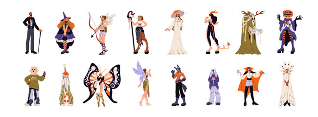 Set of people wearing Halloween costumes for masquerade. Men and women dressed in suits of pumpkin, vampire, fairy, devil for Helloween party, carnival. Flat isolated vector illustrations on white