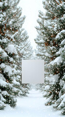Blank square in a snowy pine forest