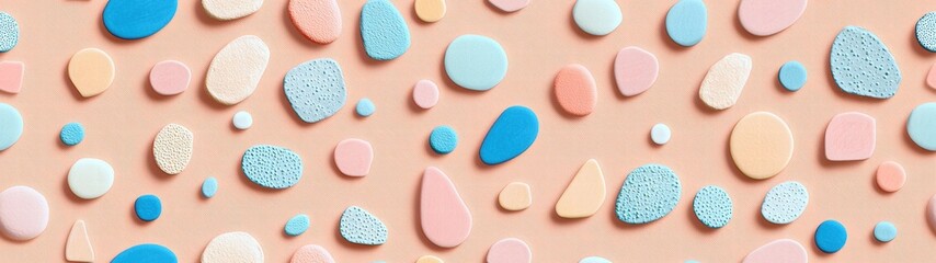 Obraz premium Soft pink background adorned with pastel blue and pink hearts creating a playful atmosphere