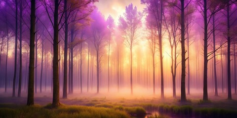 Fototapeta premium Misty forest at dusk with purple hues and soft abstracted trees against a gilt background, soft focus, abstract trees