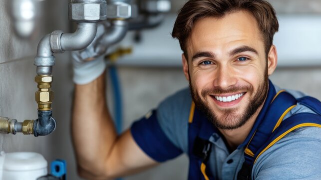 Brightly dressed professional plumber holding tools confidently in one hand, smiling at equipment backdrop.