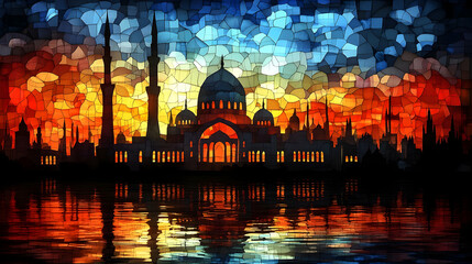 Fototapeta premium Stained glass mosque cityscape at sunset, reflected on water