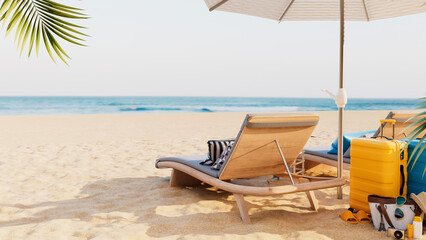 3D rendering of tropical beach vacation with sun loungers and travel luggage..