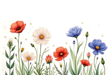 Fototapeta premium Watercolor Floral Border with Poppies, Daisies and Buds on a White Background 