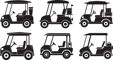 set of golf cart silhouette, black and white silhouette, vector and illustration