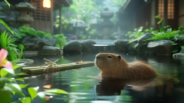 Relaxing capybara in tranquil outdoor hot spring surrounded by lush greenery and nature