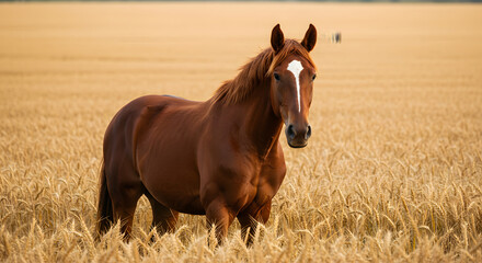 Naklejka premium Majestic Horse with Blaze in Sunny Grain Field PNG