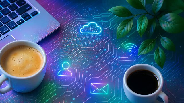 Digital Workspace with Coffee and Cloud Icons on Circuit Surface Remote Work and Data Concept Visualization

