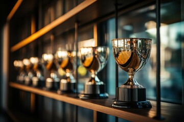 high definition image of closeup trophies on a shelf