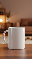 White coffee mug mockup on wooden table with blurred warm living room interior background. Blank cup for design. Drinkware template, cozy home atmosphere.