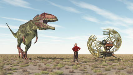 Zeitreisender, Zeitmaschine und der Dinosaurier Giganotosaurus