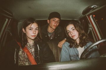 Three young friends inside a vintage car, posing together in a moody, atmospheric portrait.