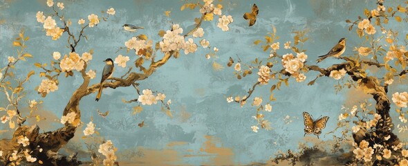 Chinoiserie-inspired background showcasing nature's beauty.