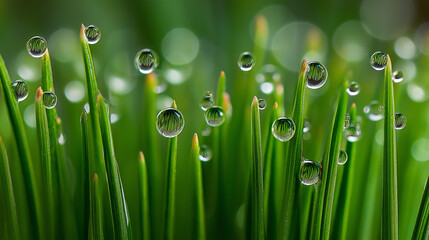 Dewy grass blades with water droplets, a fresh morning's delicate beauty