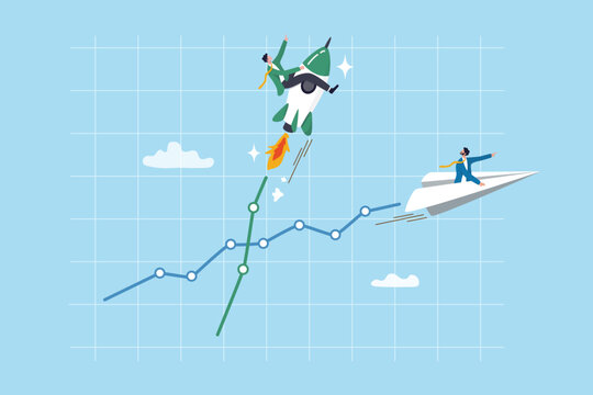 Boost performance, improvement or growth with fast speed progress, self development or marketing and investment, increase efficiency fast concept, businessman riding fast rising speed rocket on graph.