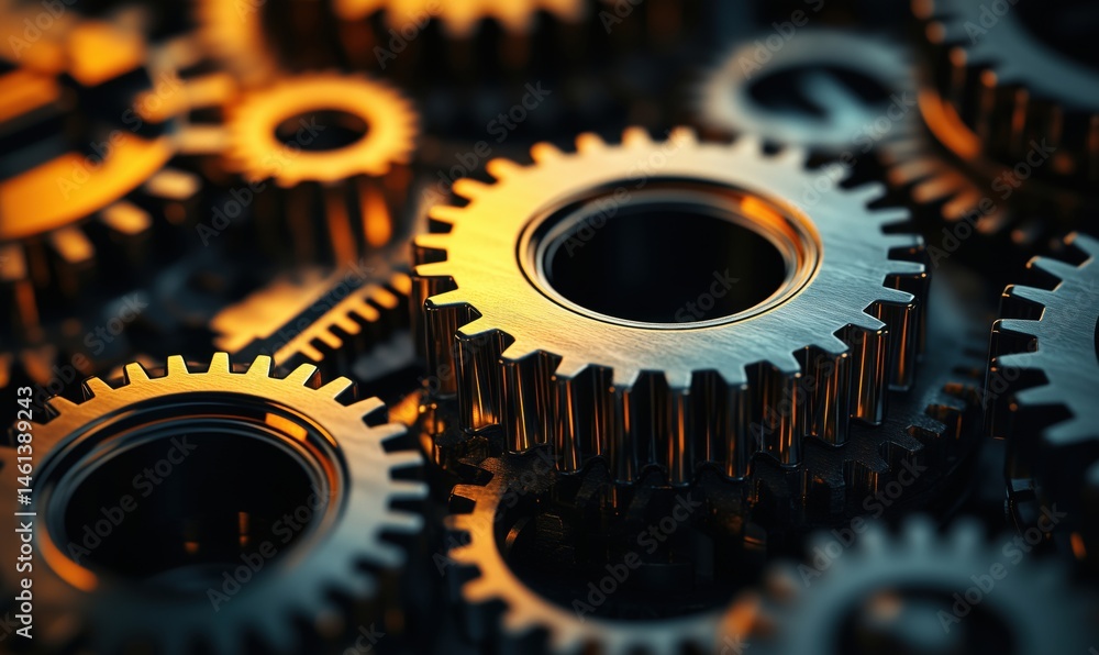 Poster close-up of interlocking metallic gears with intricate details and reflections