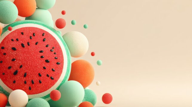 Vibrant 3d watermelon slice with abstract blobs for modern banner
