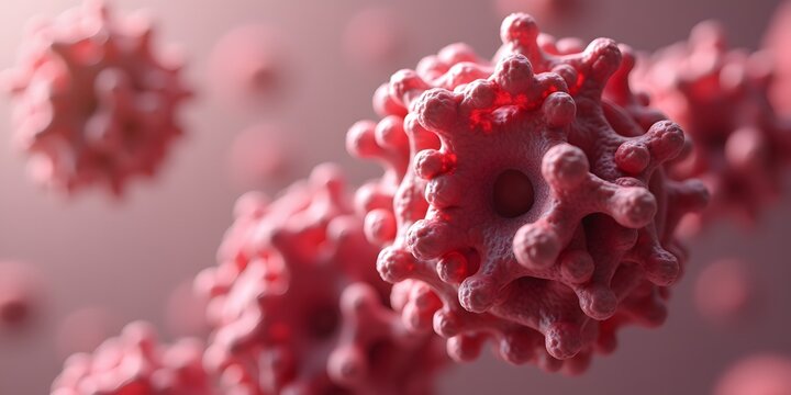 3D render of a myoglobin molecule with rich burgundy atoms forming a complex protein structure against a subtle muscle tissue pattern background in muted pink tones