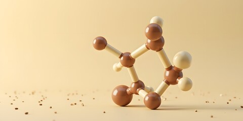 3D render of a vanillin molecule with creamy ivory atoms and warm brown bonds against a background of subtle vanilla bean specks on a beige surface
