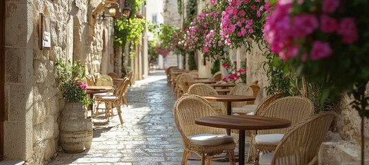 Fototapeta premium Quaint european street caf with rattan chairs under blue sky and pink blooms