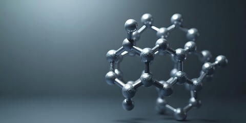 3D render of an aluminum oxide molecule with metallic silver atoms and brushed aluminum bonds against an industrial gradient from steel blue to gunmetal gray