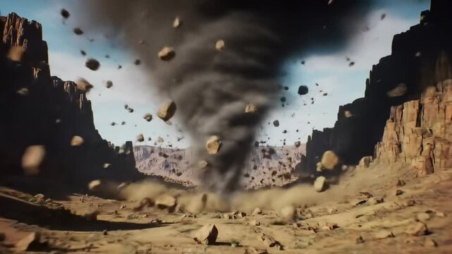 Dramatic tornado swirling in a canyon, with flying debris and rocky cliffs under a clear sky - big real tornadoes