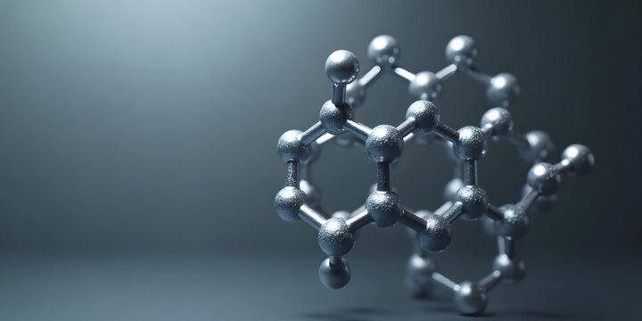 3D render of an aluminum oxide molecule with metallic silver atoms and brushed aluminum bonds against an industrial gradient from steel blue to gunmetal gray