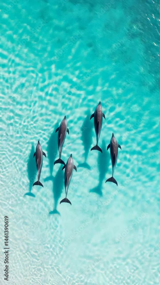 Poster six dolphins are swimming in unison in the shallows of a tropical beach, creating a mesmerizing disp