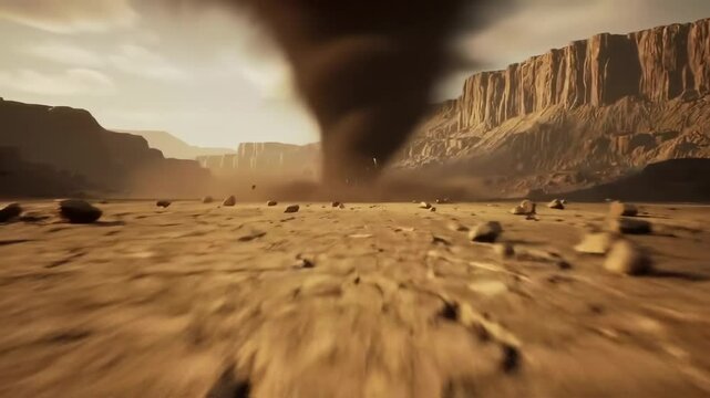 Dramatic desert landscape featuring a powerful tornado swirling in the background, rocky terrain - big real tornadoes