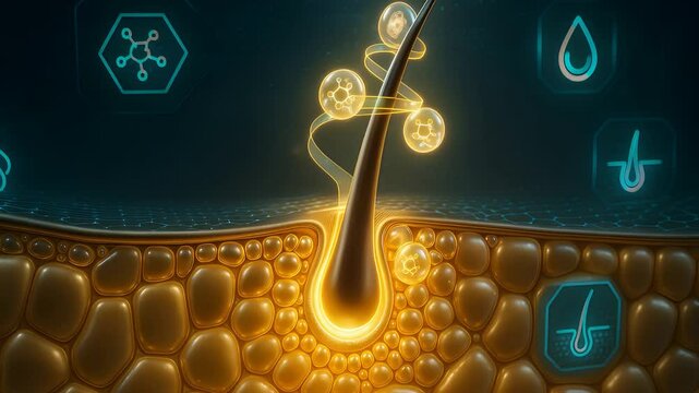 Hair Follicle Cross-Section with Glowing Nutrient Flow and Digital Skincare Icons Representing Hair Treatment Concept

