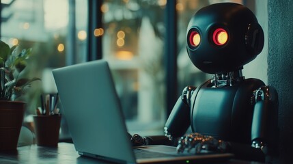 Fototapeta premium Professional Robot Working on Laptop in Contemporary Office Setting with Macro Photography Focus on Innovative Technology and Productivity in the Workplace Environment.