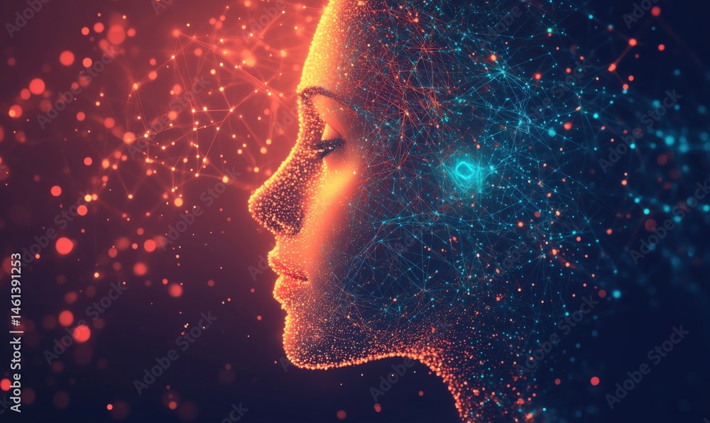 Aufkleber digital portrait of a woman with glowing network connections and abstract patterns
